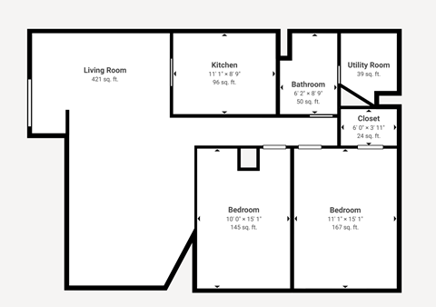 Floor plan for 2 beds, 1 bath, 1000 sqft